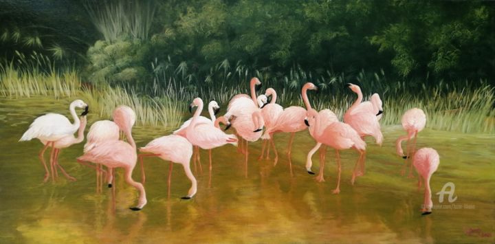 Malerei mit dem Titel "Flamingo in Barcelo…" von Liliana Lazar, Original-Kunstwerk, Öl Auf Keilrahmen aus Holz montiert