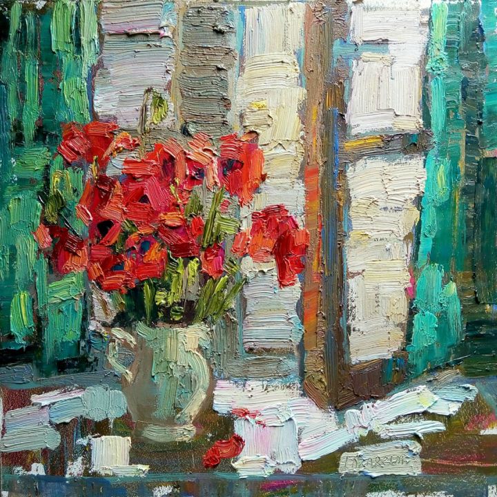 Painting titled "Still life with red…" by Valerie Lazareva, Original Artwork, Oil