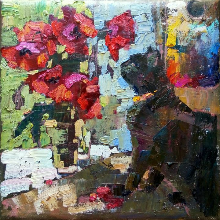 Painting titled "Red poppies & black…" by Valerie Lazareva, Original Artwork, Oil