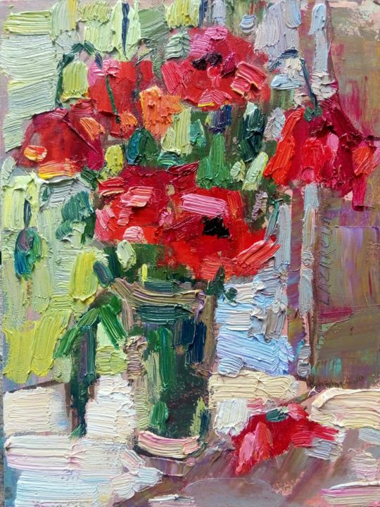 Painting titled "Sunny poppies" by Valerie Lazareva, Original Artwork, Oil