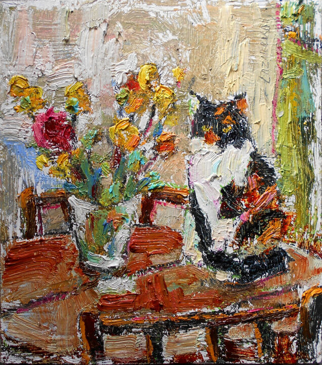 Painting titled "Cat with autumn flo…" by Valerie Lazareva, Original Artwork, Oil