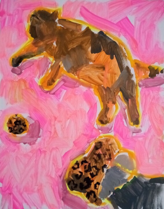 Painting titled "Tiger cat on a pink…" by Valerie Lazareva, Original Artwork, Acrylic