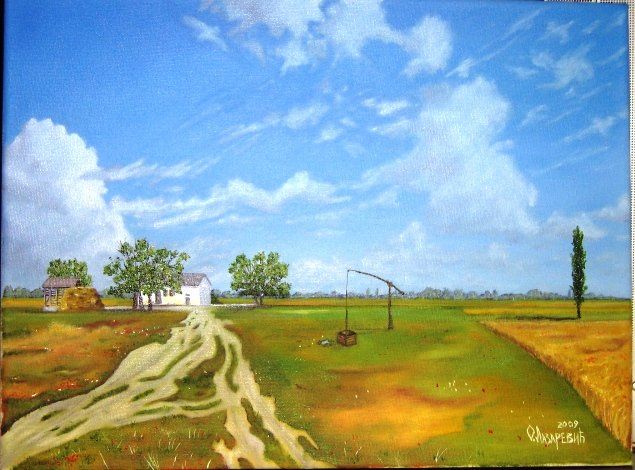 Painting titled "Village scene" by Ognjen Lazarevic, Original Artwork, Oil