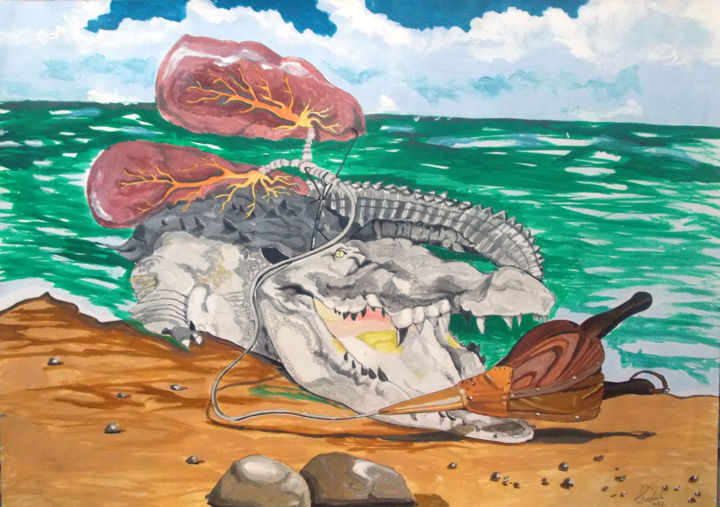 Schilderij getiteld "Crocodile emphisemma" door Lazaro Hurtado, Origineel Kunstwerk, Acryl
