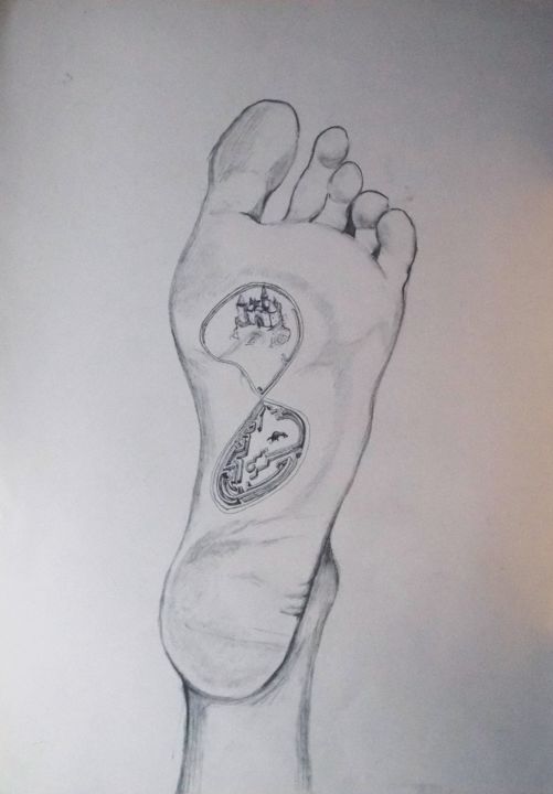 Drawing titled "LABYRINTH FOOT" by Lazaro Hurtado, Original Artwork, Graphite