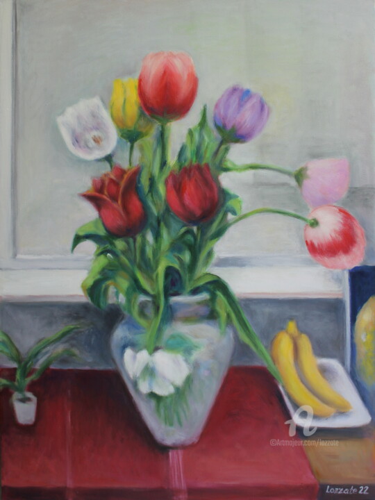 Painting titled "Les tulipes" by Lazzate Maral, Original Artwork, Oil Mounted on Wood Stretcher frame