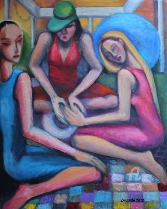 Schilderij getiteld "Les SOEURS "Les mai…" door Lazzate Maral, Origineel Kunstwerk, Olie Gemonteerd op Frame voor houten bra…