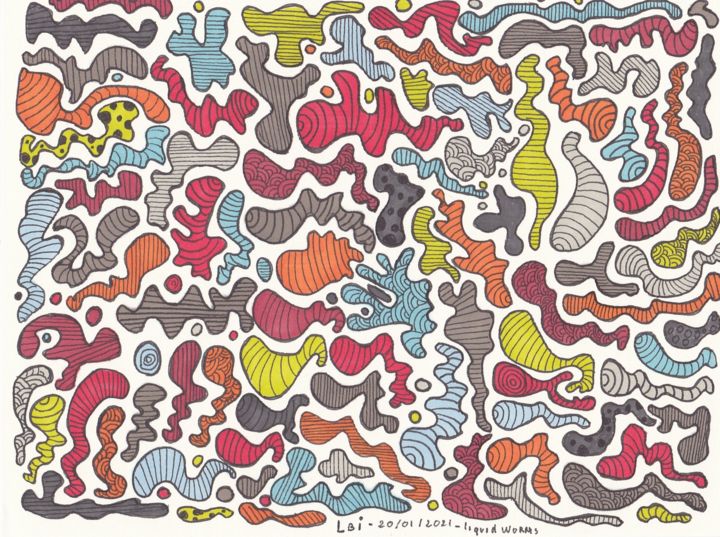 Dessin intitulée "Liquid Worms" par Laurent Bigayon, Œuvre d'art originale, Marqueur