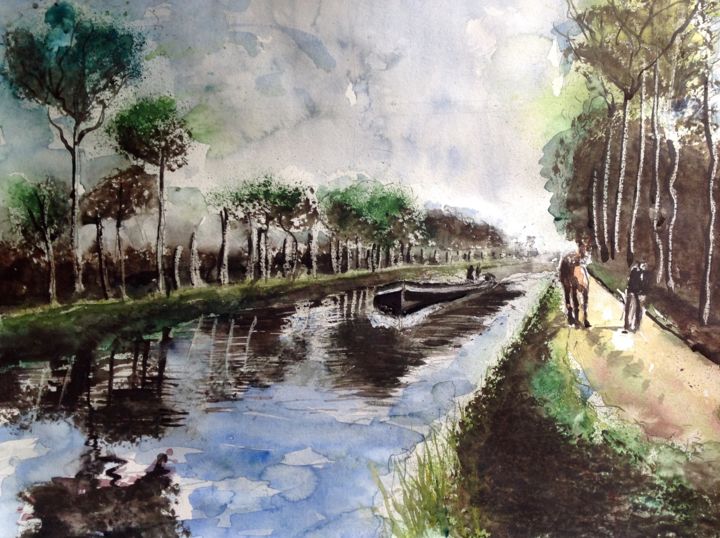 Peinture intitulée "Halage du canal" par Laurent Colsenet, Œuvre d'art originale, Aquarelle
