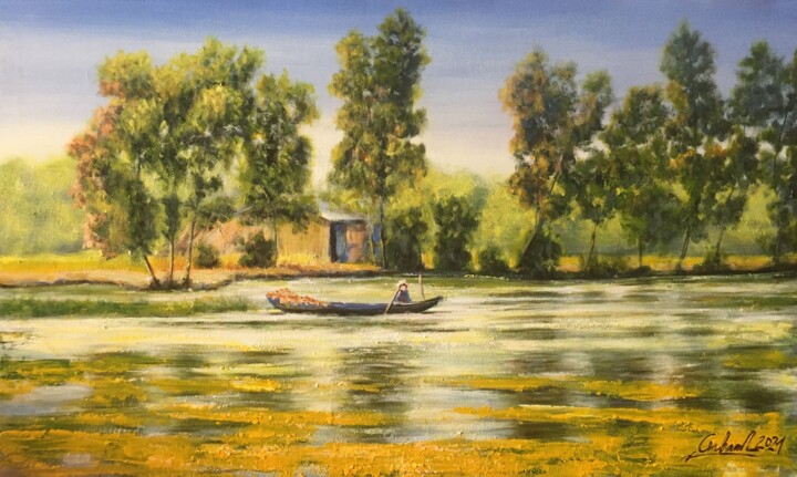 Painting titled "country river" by Le Anh Lam, Original Artwork, Acrylic Mounted on Wood Stretcher frame