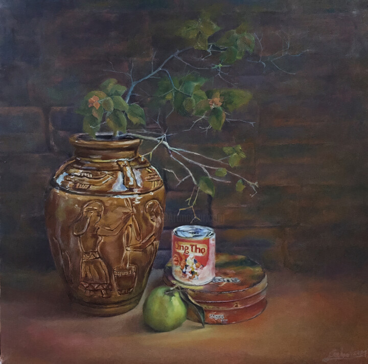 Painting titled "still life" by Le Anh Lam, Original Artwork, Oil Mounted on Wood Stretcher frame