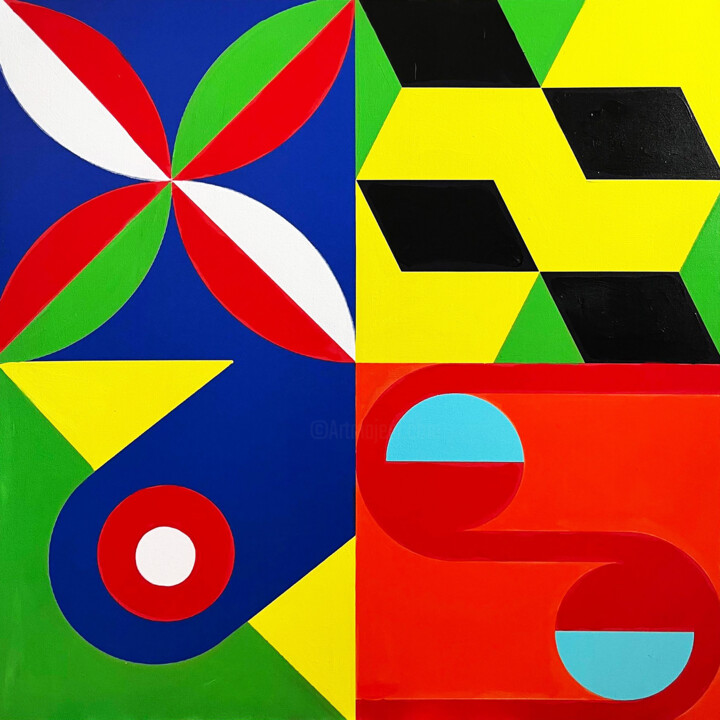 Painting titled "ABSTRACT GEOMETRIC…" by Le Closier, Original Artwork, Oil Mounted on Wood Stretcher frame