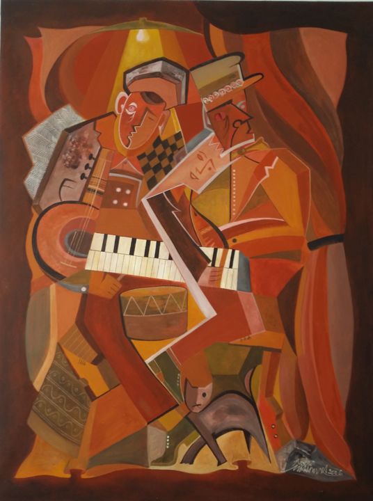 Peinture intitulée ""Les trois musicien…" par Mohamed Faouzi Maaouia, Œuvre d'art originale
