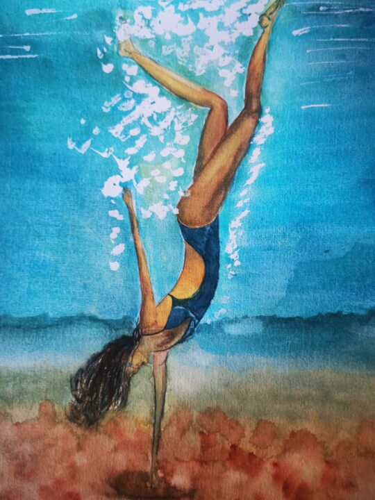 Peinture intitulée "La plongeuse" par Lê Thi Mai, Œuvre d'art originale, Aquarelle