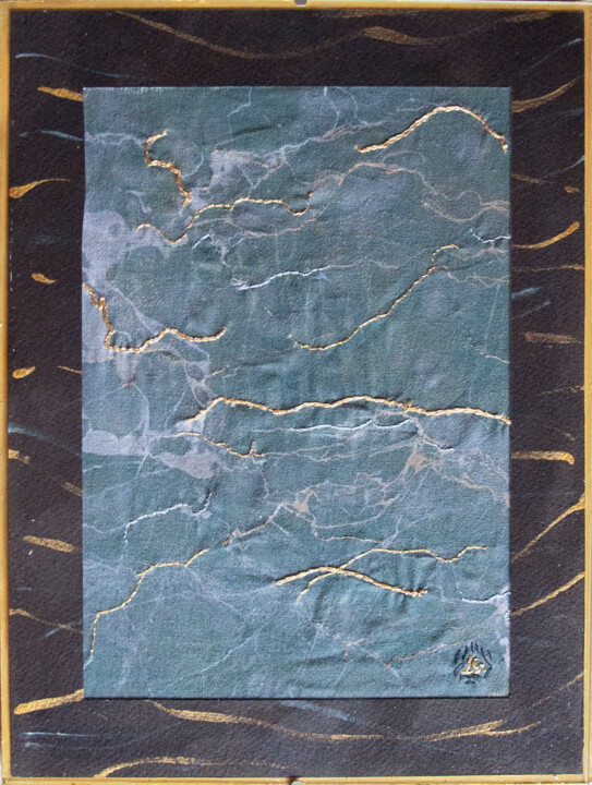 Sztuka tkaniny zatytułowany „Nero portoro” autorstwa Léa Coutureau, Oryginalna praca, Haft Zamontowany na Panel drewniany