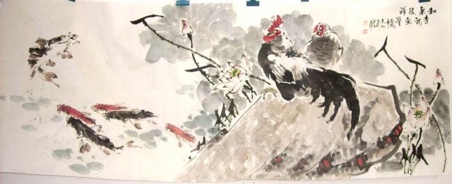 Painting titled "喜观鱼望" by Lea Lee, Original Artwork, Oil