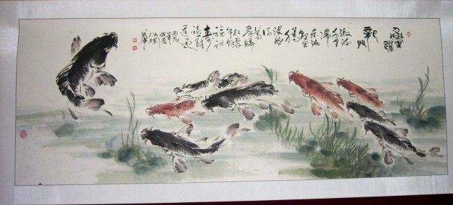 Painting titled "群鲤跃龙门" by Lea Lee, Original Artwork, Oil