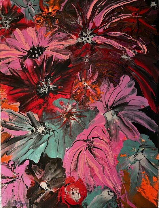 Картина под названием "Bouquet Rose" - Lea Monnier Art, Подлинное произведение искусства, Акрил Установлен на Деревянная рам…