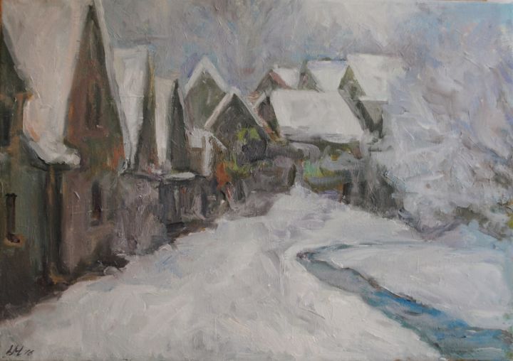 Painting titled "Snowy village.Winte…" by Leah Maximova, Original Artwork, Oil