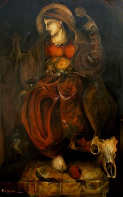 Painting titled "MADONNA CREPUSCULAR…" by Alexander Leal Cid, Original Artwork, Oil