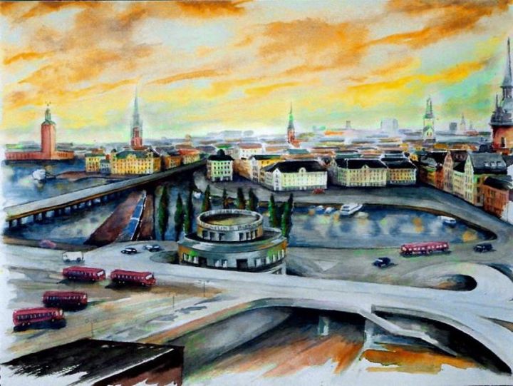 Painting titled "Sunset at Slussen" by Lrz, Original Artwork, Oil