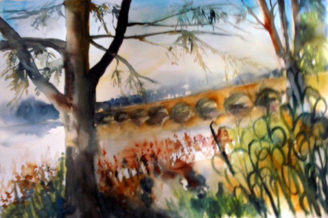 Painting titled "Pont de Pierre sur…" by Thaline 1, Original Artwork, Oil