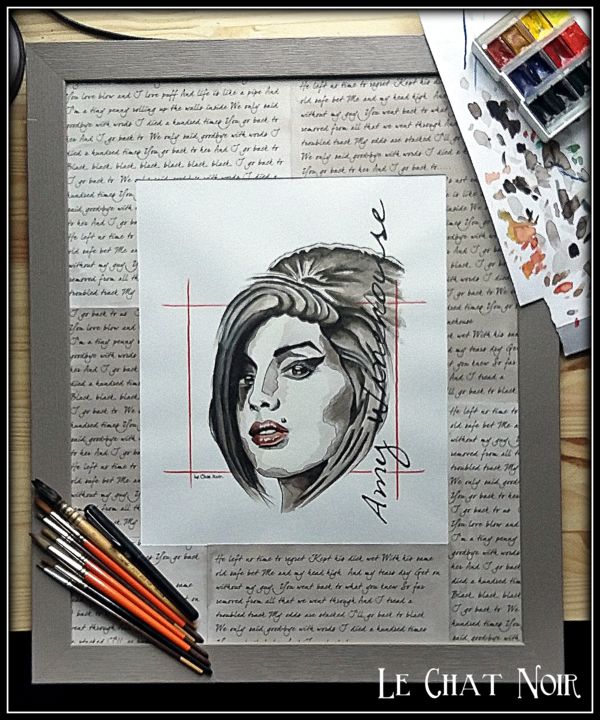 Painting titled "A. Winehouse" by Le Chat Noir, Original Artwork, Ink