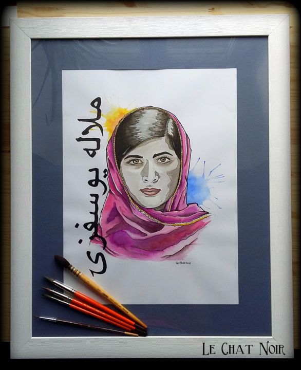 Painting titled "Malala Yousafzai" by Le Chat Noir, Original Artwork, Ink