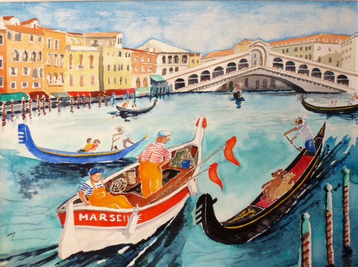 Peinture intitulée "Marseille à Venise…" par Jean Marie Lecoix, Œuvre d'art originale, Aquarelle