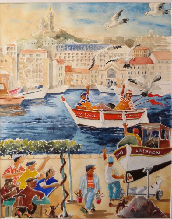 Pittura intitolato "Retour de pêche" da Jean Marie Lecoix, Opera d'arte originale, Acquarello