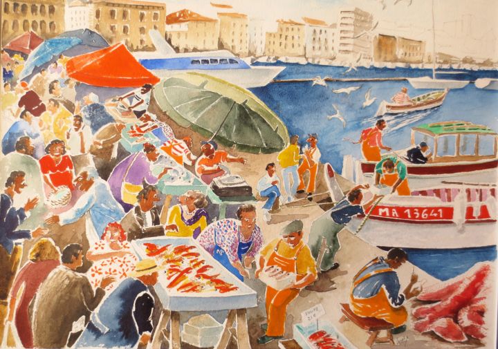 Malerei mit dem Titel "Marseille: marchand…" von Jean Marie Lecoix, Original-Kunstwerk, Aquarell