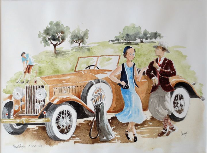 「Rolls 1930」というタイトルの絵画 Jean Marie Lecoixによって, オリジナルのアートワーク, 水彩画