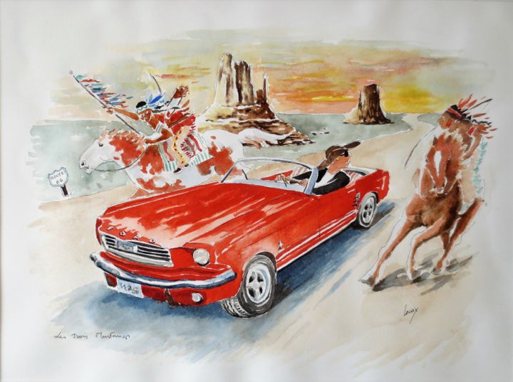 绘画 标题为“Trois Mustang” 由Jean Marie Lecoix, 原创艺术品, 水彩