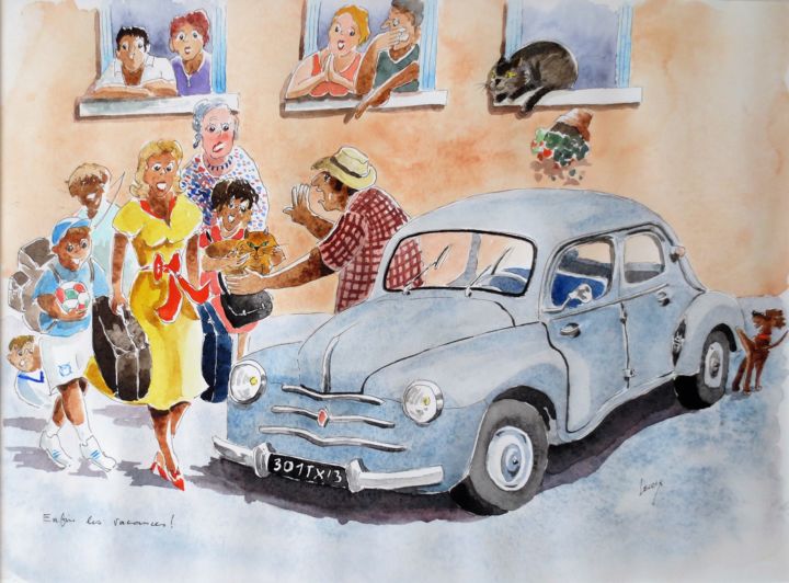 Painting titled "Enfin les vacances.…" by Jean Marie Lecoix, Original Artwork, Watercolor