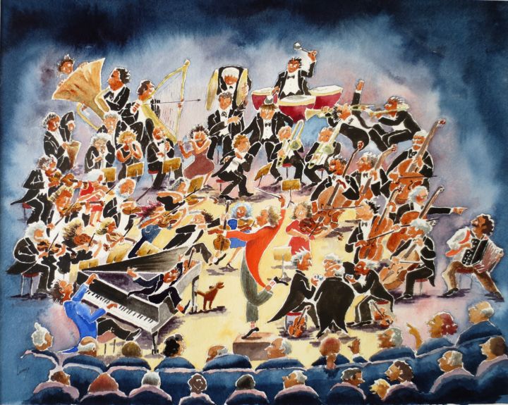 Painting titled "Orchestre symphoniq…" by Jean Marie Lecoix, Original Artwork, Watercolor