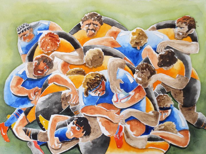 Ζωγραφική με τίτλο "Rugby" από Jean Marie Lecoix, Αυθεντικά έργα τέχνης, Ακουαρέλα