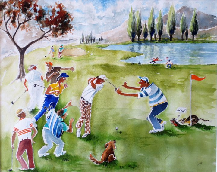 Painting titled "Au Golf" by Jean Marie Lecoix, Original Artwork, Watercolor