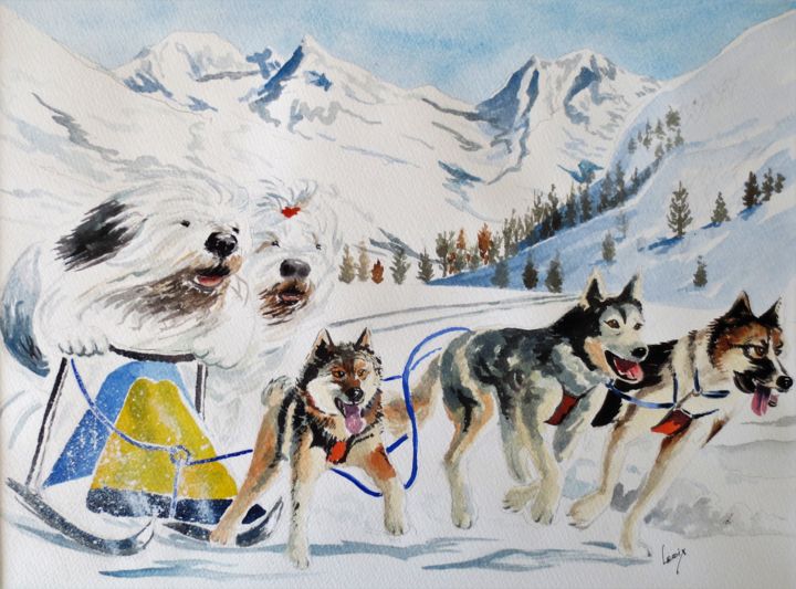 Painting titled "Les Bobtails Mushers" by Jean Marie Lecoix, Original Artwork, Watercolor