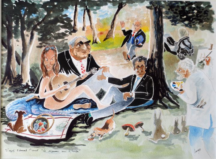 Painting titled "Le Déjeuner sur L'H…" by Jean Marie Lecoix, Original Artwork, Watercolor