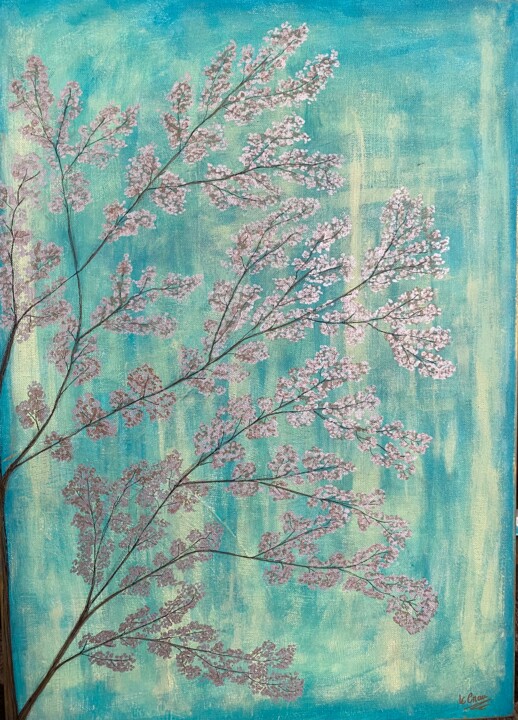 Painting titled "Verde sakura" by Le Crau, Original Artwork, Oil Mounted on Wood Stretcher frame