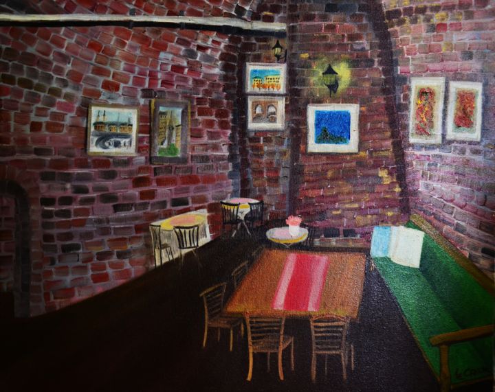Painting titled "Cafe Art stockholm" by Le Crau, Original Artwork, Oil