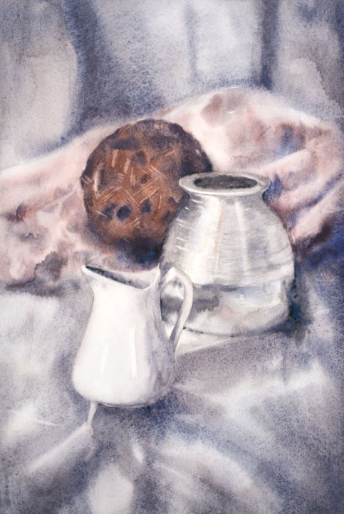 Painting titled "Nature morte au pic…" by Christelle Lecuret, Original Artwork, Watercolor Mounted on Cardboard