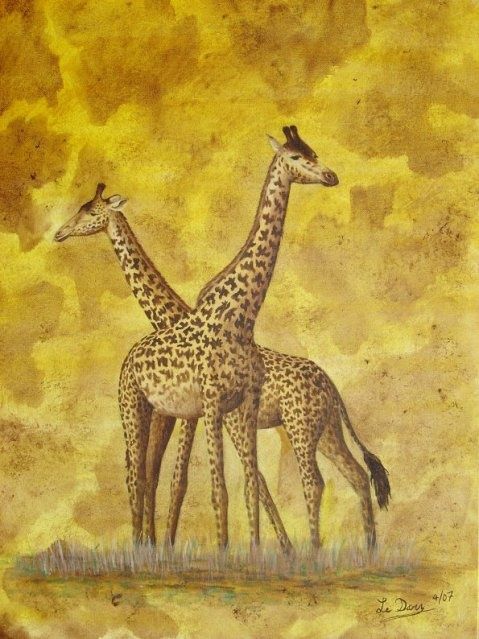 Schilderij getiteld "Deux girafe" door Michel Le Darz, Origineel Kunstwerk