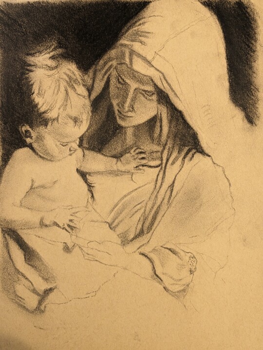 Painting titled "Woman with child ch…" by Lee Davison, Original Artwork, Charcoal