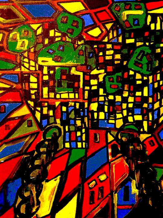 Malerei mit dem Titel "Städtepuszle" von Lee Eggstein, Original-Kunstwerk, Acryl