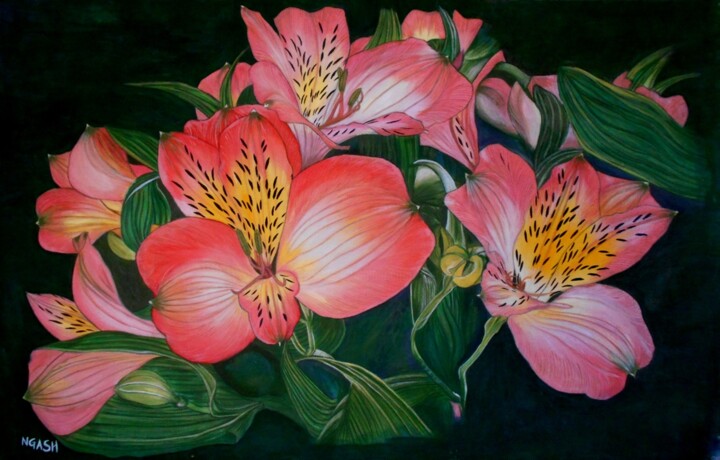 Painting titled "Peruvian Lily.jpg" by Lee Nganga, Original Artwork, Oil Mounted on Wood Stretcher frame
