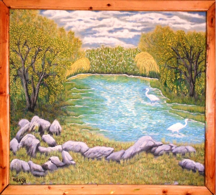 Картина под названием "Blue-Swamp.jpg" - Lee Nganga, Подлинное произведение искусства, Масло Установлен на Деревянная рама д…