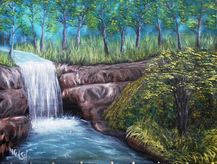 Painting titled "Forest Waterfall.jpg" by Lee Nganga, Original Artwork, Oil