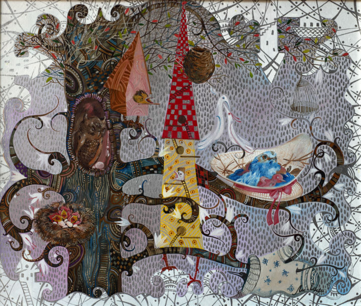 Pintura titulada "город птиц 50х60 хм…" por Mariya Mariia Li Safi Li Safi, Obra de arte original, Oleo