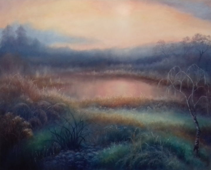 Painting titled "Autumn Mist" by Lee Campbell, Original Artwork, Oil Mounted on Wood Stretcher frame